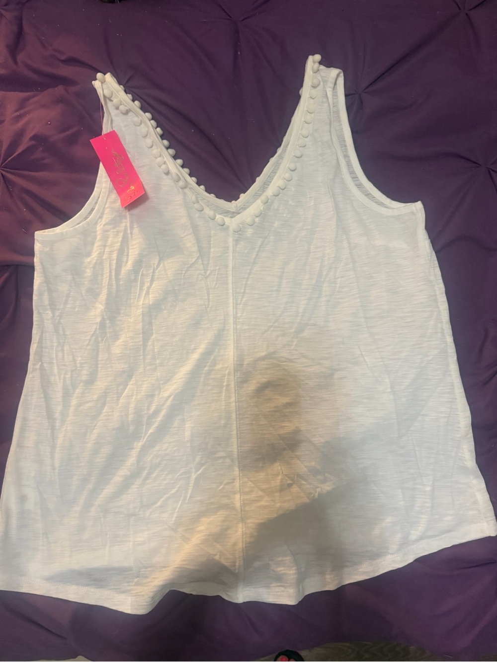 Lilly Pulitzer White V-Neck Tank with Pom Trim size XL - Picture 5 of 5